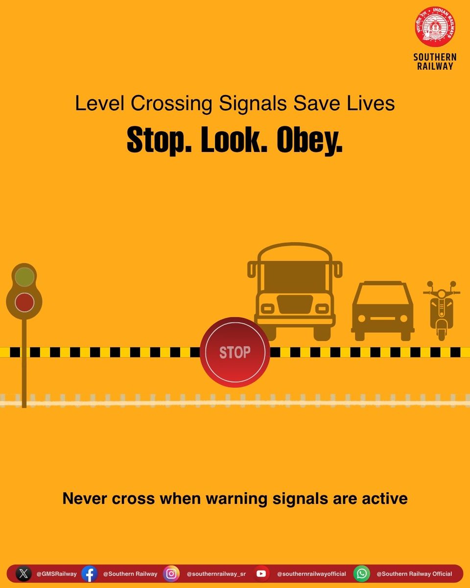 SalemDRM's tweet photo. 🚦Level crossing signals are designed to protect lives.

Always stop, look, and obey warning signals.

A few moments of patience can prevent accidents and ensure safe journeys for all.

#LevelCrossingSafety #RailSafety #SouthernRailway #IndianRailways https://t.co/zkKXhGqkZ2