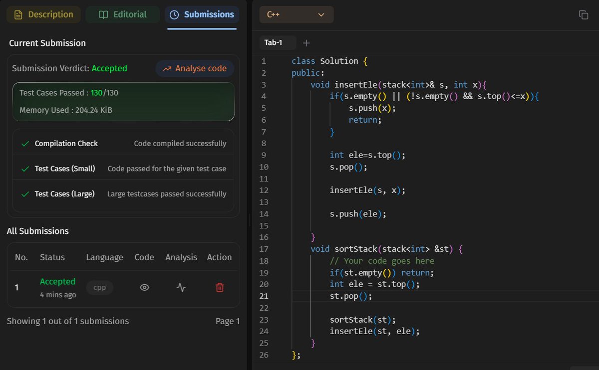 JustCoding01's tweet photo. Day-25
#SDESheetChallenge
Stack &amp; Queue Done
✅Balanced Parenthesis: stack matching with current close bracket O(n)
✅Next Greater Element: monotonic stack O(n)
✅Sort a Stack: recursion + insert sorted O(n²)
@striver_79 @takeUforward_

#45DaysOfCode #DSA https://t.co/U9JpLmQZT0