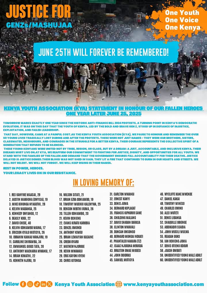 kya_national's tweet photo. KENYA YOUTH ASSOCIATION (KYA) 

STATEMENT IN HONOUR OF OUR FALLEN HEROES TWO YEARS LATER.

June 25, 2026

Today, marks Exactly two years since the Historic Anti-Finance Bill 2024 protests, a turning point in Kenya’s Democratic evolution. I leadership.

#OneYouthOneVoiceOneKenya https://t.co/nkVZiDGi5e