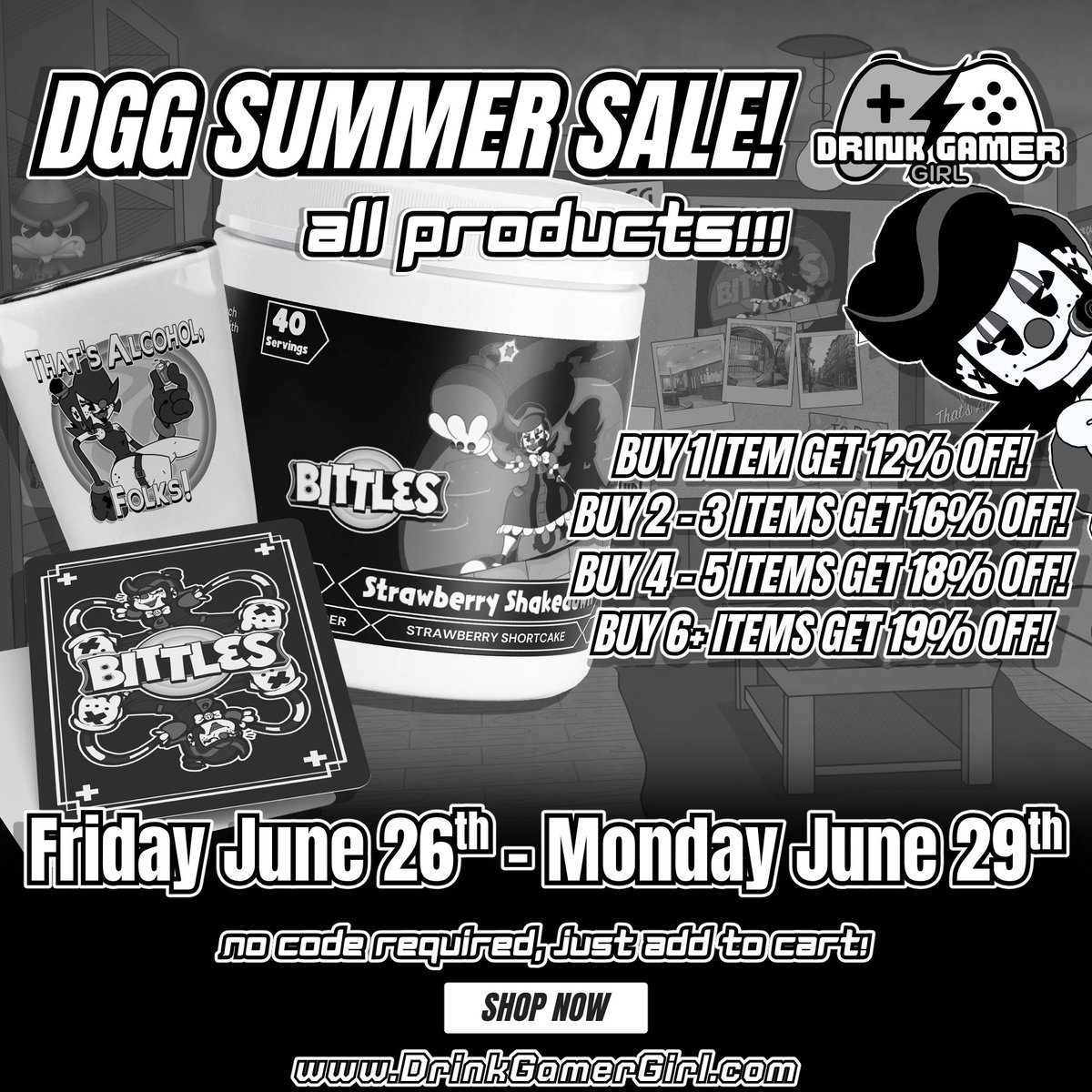 BittlesToon's tweet photo. Want to know something cool?
Starting tomorrow, @DrinkGamerGirl is having a site wide sale!
All weekend, the more you buy, the more you save!
We've got so many incredible drinks &amp; merchandise (mine!), it's an amazing opportunity!
Gotta act fast, folks!

https://t.co/HGaUFIiYJH https://t.co/ndWnvIXkxk
