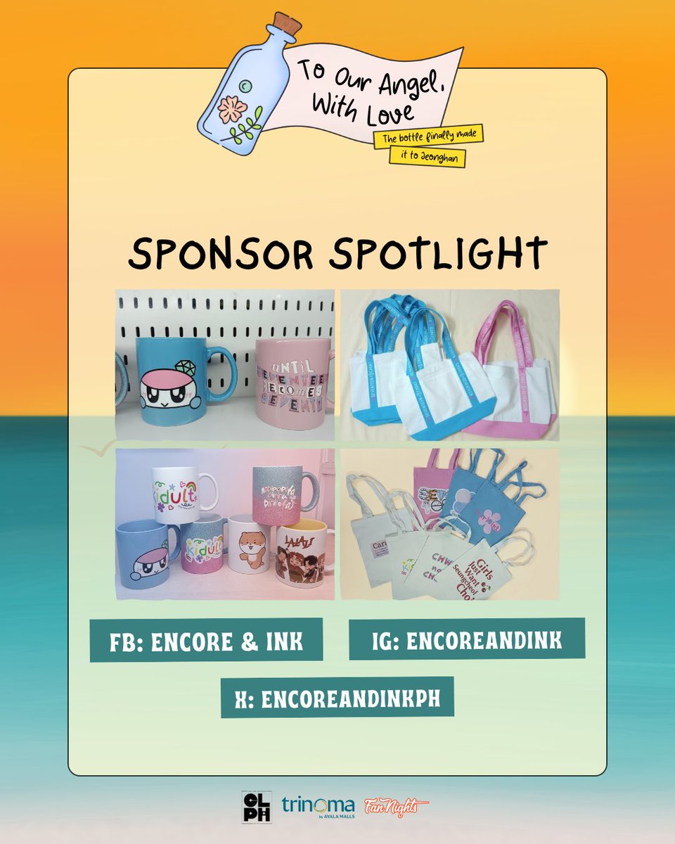 CaratLandPH's tweet photo. A SPECIAL THANK YOU TO OUR SPONSOR 🪽

To Our Angel, With Love would not be possible without the support of our amazing sponsors who help make this celebration even more meaningful for CARATs.

Thank you to @encoreandinkph for being part of Jeonghan's homecoming celebration! Your support helps create a more memorable experience for everyone gathering to celebrate this special milestone together✨

📅: June 27 – CARAT Market 
📅: June 28 – Quiz Night + CARAT Market 
📍: Mindanao Lobby, Trinoma by Ayala Malls 
🎟️: FREE ADMISSION  

Join us for To Our Angel, With Love!
🔗: https://t.co/0tjIKdtVzu

#ItFinallyReachedYoon 
#ToOurAngelWithLove 
#iLoveTrinoma