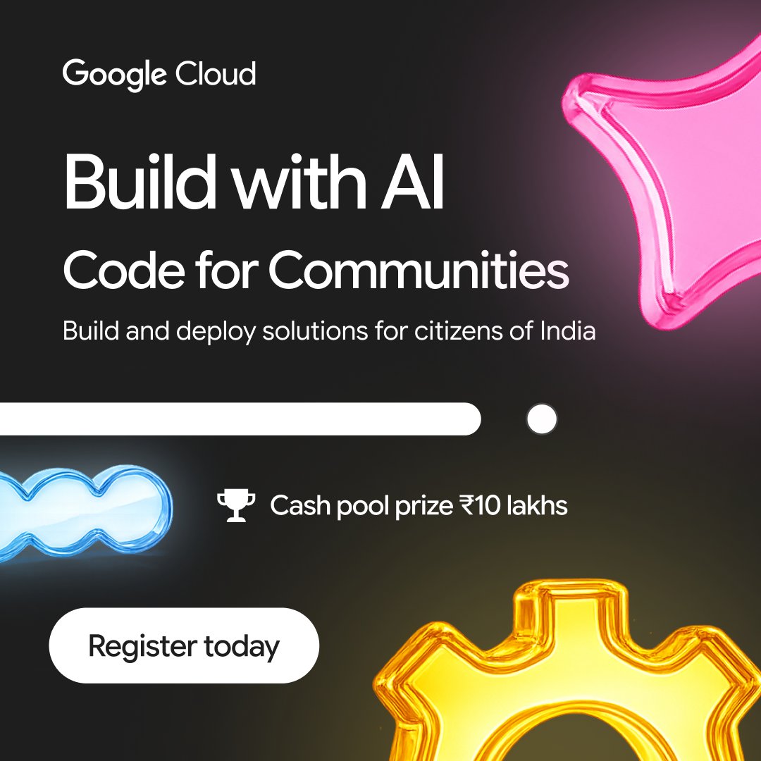 GdgDavv's tweet photo. 4 problems. Submitted by Members of Parliament. 1 hackathon to solve them. Cash prizes upto INR 10 lakhs + real world deployment on the line.
Welcome to Build with AI: Code for Communities.

Register→https://t.co/degp4lHMqm

 #BuildWithAI #SolveForIndia #CodeForCommunities https://t.co/VjFSdlZlMT