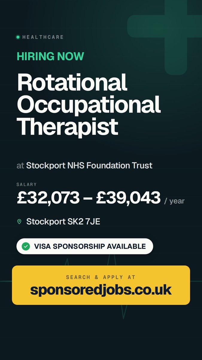 Sponsoredjobuk's tweet photo. 🏥 Rotational Occupational Therapist in Stockport SK2 7JE with FULL Visa Sponsorship ✅
£32,073 – £39,043 | Apply at https://t.co/PuQdfGox1U
#HealthcareJobs #NHSJobs #VisaSponsorship #UKVisa #MoveToUK https://t.co/9iKJQ8QR39