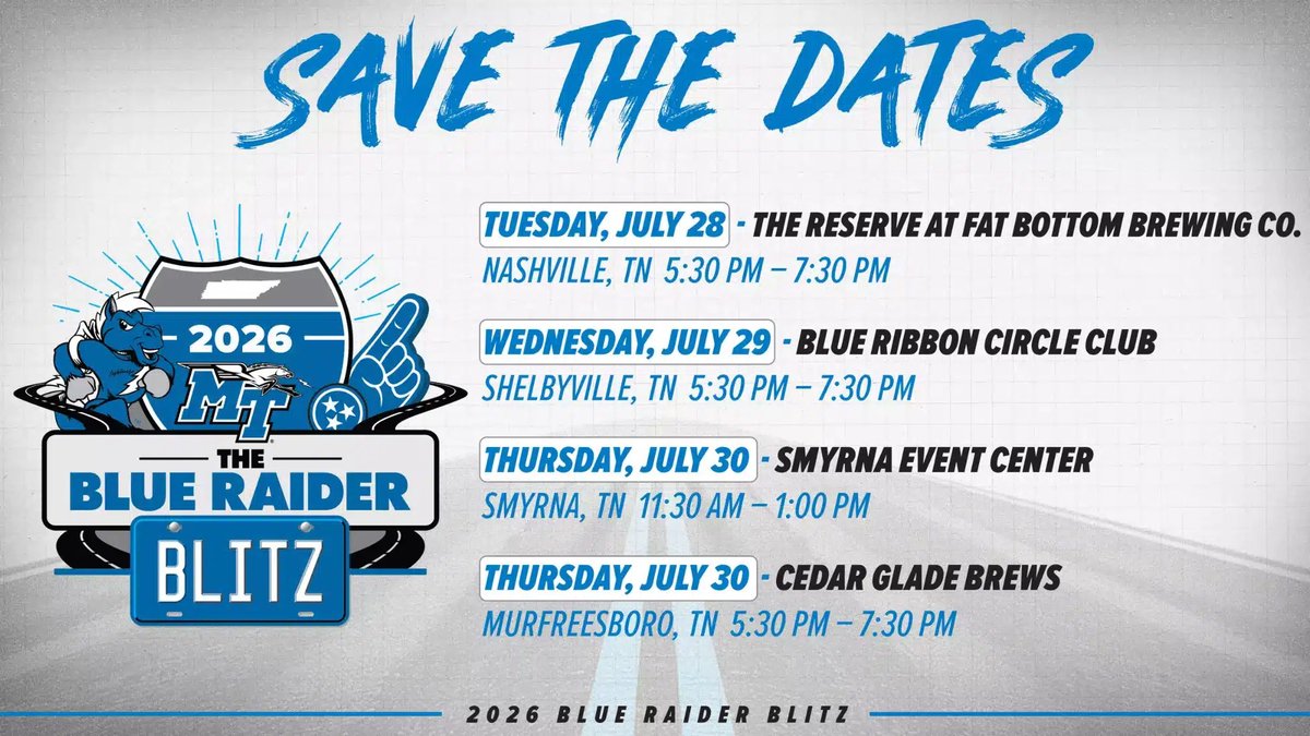 CannonSource's tweet photo. MTSU’s Blue Raider Blitz Returns in July https://t.co/d7l0wtsBeu https://t.co/WltMTz44iv