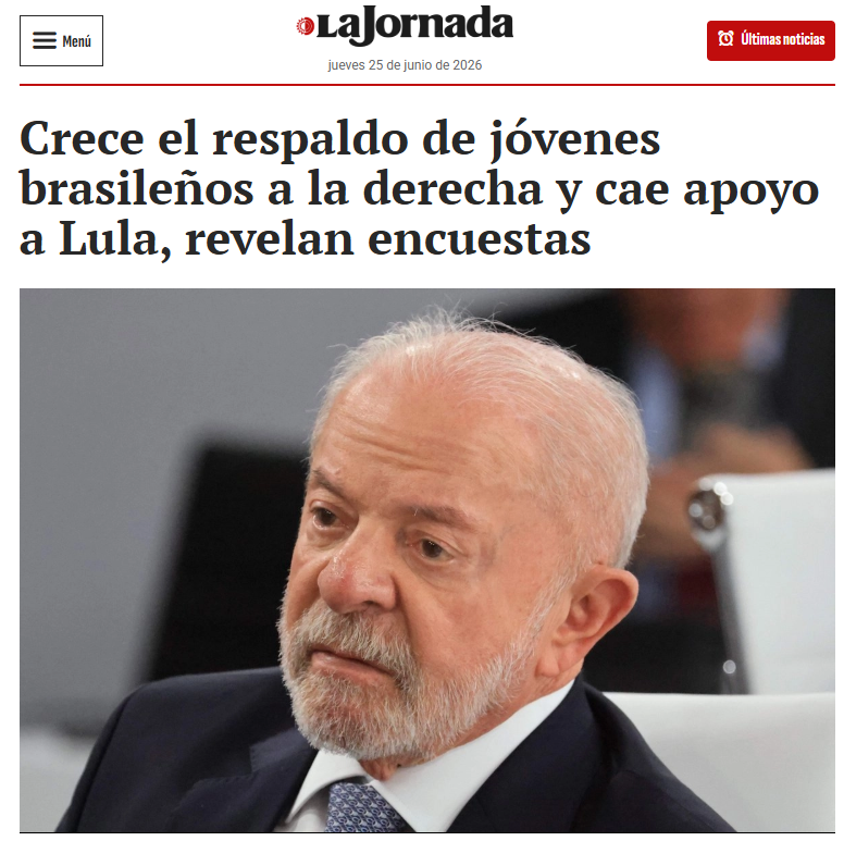Juan_OrtizMX's tweet photo. 🗳️📌 JÓVENES DE BRASIL SE MUEVEN A LA DERECHA

La Jornada retomó un reporte de Reuters sobre el apoyo joven que empieza a moverse hacia la derecha.

Y que crece su rechazo hacia el presidente Lula da Silva.

El reporte dice que Lula necesitó el voto de jóvenes de 16 a 34 años para ganarle a Jair Bolsonaro en 2022.

Ahora las encuestas muestran desgaste.

Los adultos jóvenes son el único grupo de edad donde el rechazo al gobierno de Lula supera la aprobación.

La razón no parece solo ideológica.

Reuters recoge que muchos jóvenes crecieron bajo gobiernos del Partido de los Trabajadores.

Creció que quienes fueron a la universidad, pero no vieron mejora económica suficiente.

Donde los ingresos de universitarios siguen por debajo de 2014, ajustados por inflación.

Y como en otros países, hay reclamos por la seguridad pública y corrupción, además de frustración contra el sistema.

La Jornada cita a Renan Santos, un aspirante presidencial de derecha, quien dice que muchos jóvenes no son conservadores.

Son antiizquierda.

Y que la derecha brasileña está leyendo mejor ese hartazgo generacional.