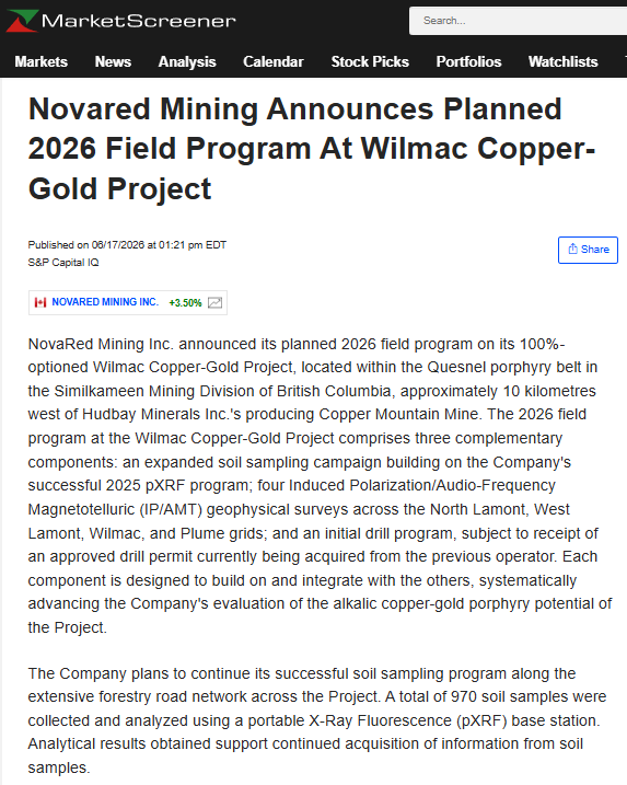 UmaeAuwal's tweet photo. EVERY NEW COPPER PRICE RECORD MAKES ME MORE BULLISH

What caught NovaRed Mining my attention today wasn't just another move in copper-it was how quickly the impact is spreading. 
Copper has climbed above US$6.11 per pound, pushing companies like nVent to immediately raise prices on grounding equipment, structural connectors, power terminals and heavy-duty lugs.

This is exactly the kind of macro backdrop I want to see before $NRED begins its Fall 2026 drill program. 
The company already controls 39,726 acres, has a 70% earn-in opportunity at Wilmac, 3 drill-ready targets, 1.4M geochemical samples, and 2.7M+ MetalCore records. 
As industries compete for future copper supply, a successful discovery becomes increasingly valuable. 
That's why I continue believing a move toward C$10 is achievable if drilling delivers.

Not financial advice. Charts don’t wait for permission.