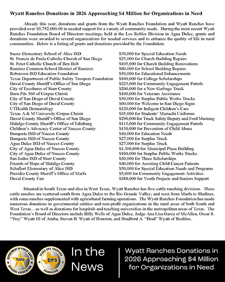 texasdpsoa's tweet photo. We are proud to share this announcement from the Wyatt Ranches Foundation.

As part of nearly $4 million in charitable giving across Texas in 2026, Wyatt Ranches Foundation has awarded $100,000 to support the DPSOA Scholarship Program.

This marks the third consecutive year of support for scholarships benefiting DPS families, and we are deeply grateful for their continued investment in education and the future of our members' families.

Thank you, Wyatt Ranches Foundation, for your partnership and generosity.

#DPSOA #DPSTF #Scholarships #WyattRanches