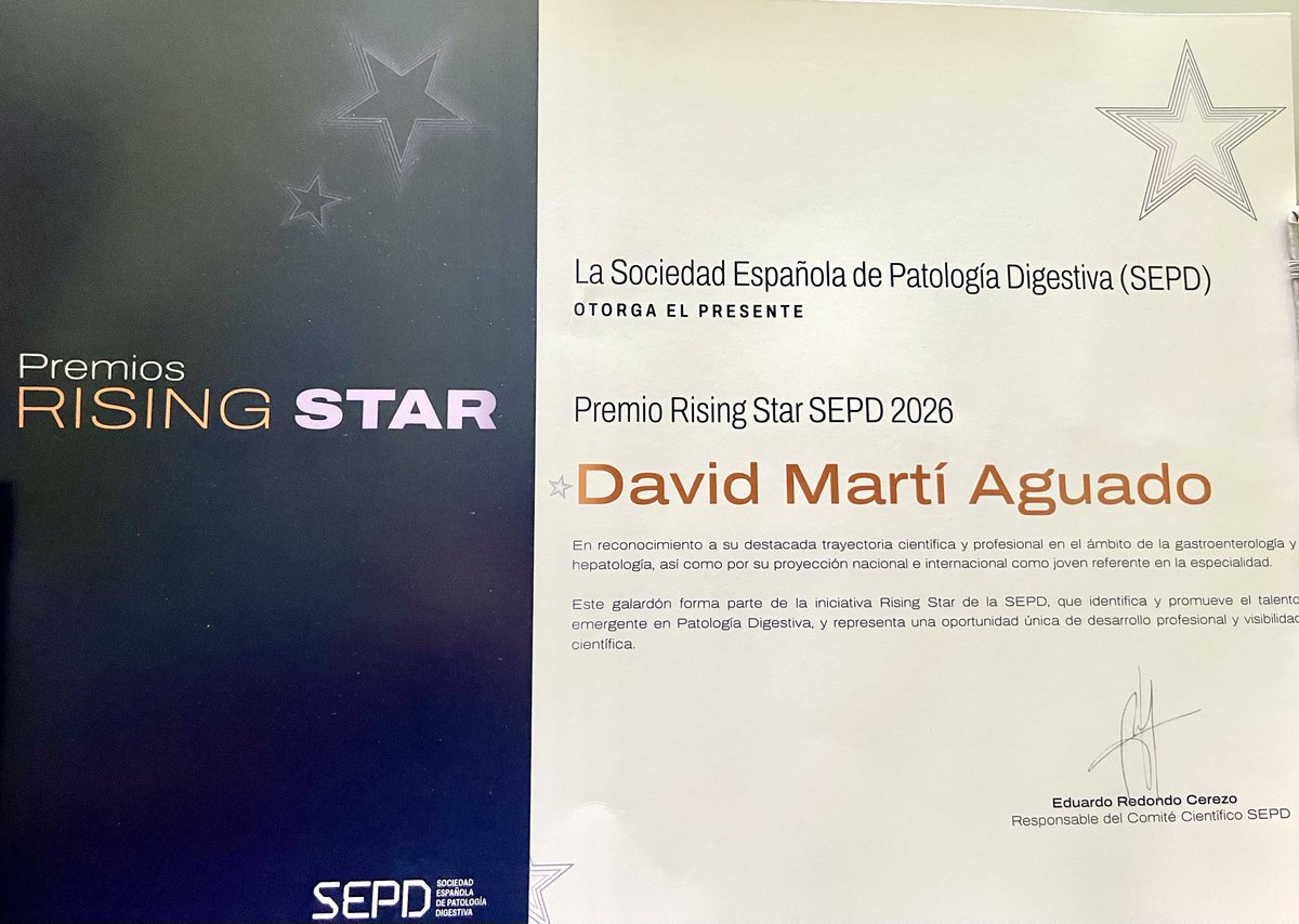 Dmarti_aguado's tweet photo. Muy agradecido a la @sepdigestiva por recibir el Premio Rising Star 2026 ⭐️

Asumo la responsabilidad que supone este reconocimiento con el mismo compromiso de progreso e innovación científica que inspira la misión y los valores de la SEPD.

@GVAsanitat @GVAclinic @incliva_iis https://t.co/xSmOVZBL7X