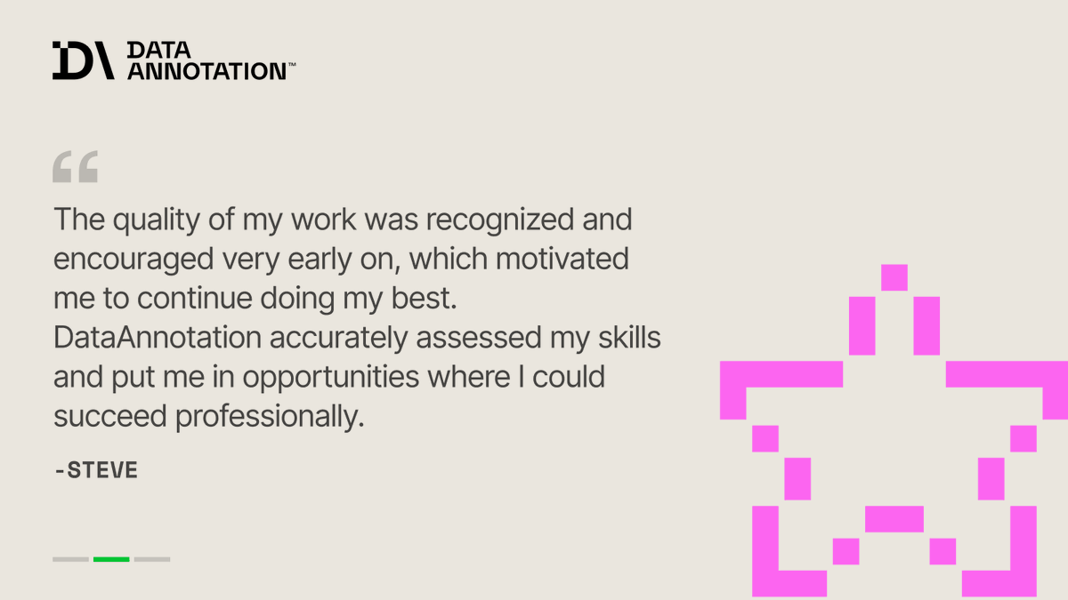 Data_Annotation's tweet photo. Strong writing and critical thinking pay $25-$30+/hr at DataAnnotation. Evaluate AI responses, compare outputs, and flag errors. Work that requires real reasoning, not mindless clicking.

See what our generalist contributors are saying. https://t.co/xFNKySOdf6