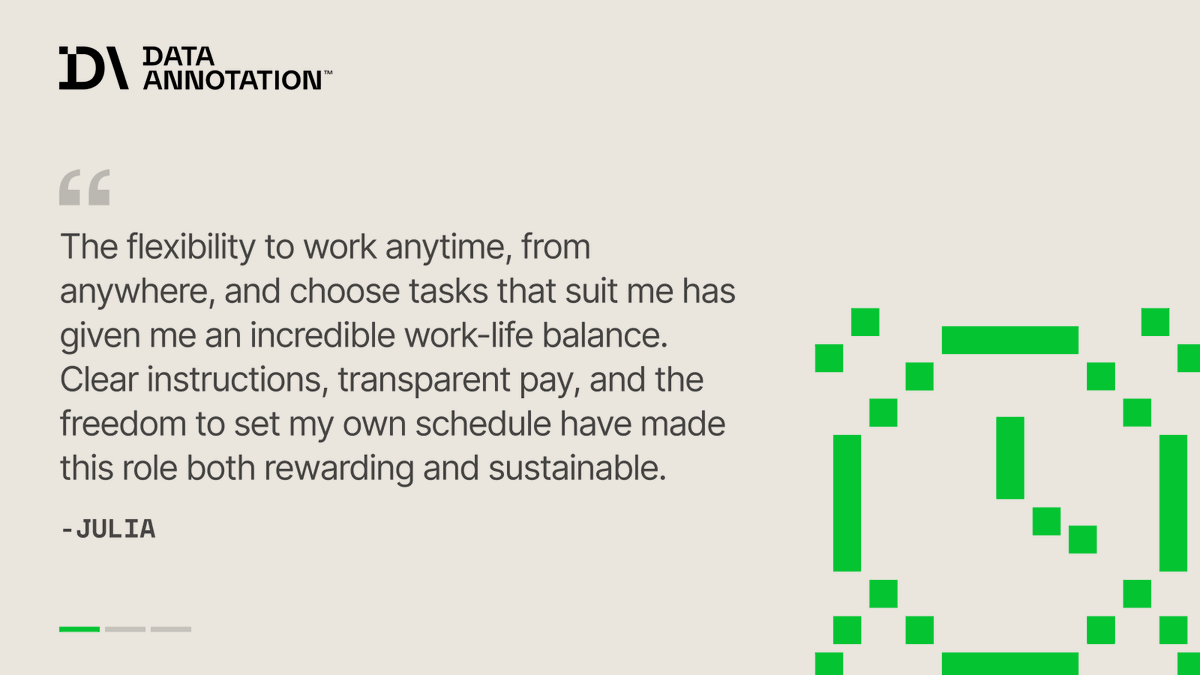 Data_Annotation's tweet photo. Strong writing and critical thinking pay $25-$30+/hr at DataAnnotation. Evaluate AI responses, compare outputs, and flag errors. Work that requires real reasoning, not mindless clicking.

See what our generalist contributors are saying. https://t.co/xFNKySOdf6