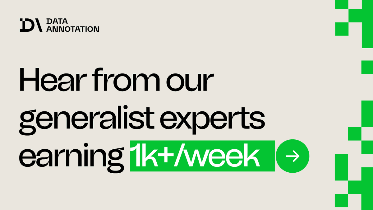 Data_Annotation's tweet photo. Strong writing and critical thinking pay $25-$30+/hr at DataAnnotation. Evaluate AI responses, compare outputs, and flag errors. Work that requires real reasoning, not mindless clicking.

See what our generalist contributors are saying. https://t.co/xFNKySOdf6