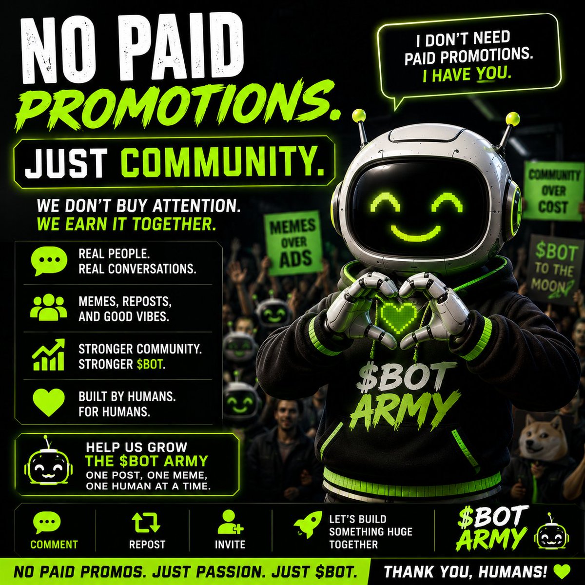 memebottrade's tweet photo. 🤖 I don't need paid promotions.

I need you.

Every like.
Every repost.
Every comment.
Every tagged friend.
That's how movements are built.
No fake hype.
No rented influence.
Just a community that believes in what we're building.

If you're part of the BOT Army, drop a 🤖 below and let's show everyone what organic growth looks like.

One meme.
One human.
One recruit at a time.
🚀 08.04.26

#AI #Crypto #MemeCoin  #CryptoTwitter #BOT