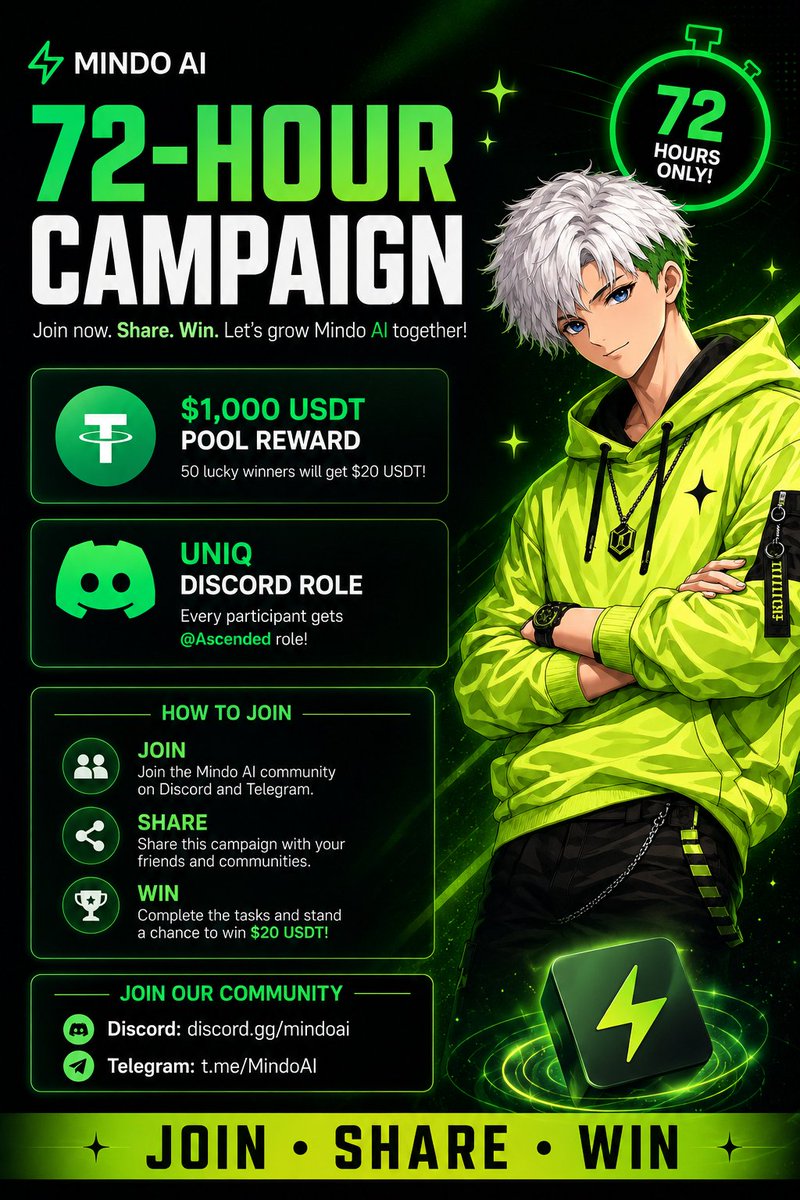 bropleman's tweet photo. 72H Campaign LIVE $1,000 USDT + Role

> 50 winners get $20 each All participants receive an exclusive Discord role

> Join DS &amp; TG, post on X, submit your link, and participate.
DS: https://t.co/m6bBe6fn3x
TG: https://t.co/V2TDnGfD0F

⏳ Ends June 28, 18:00 UTC
LGF #MindoAI https://t.co/5ohXQsuu2e