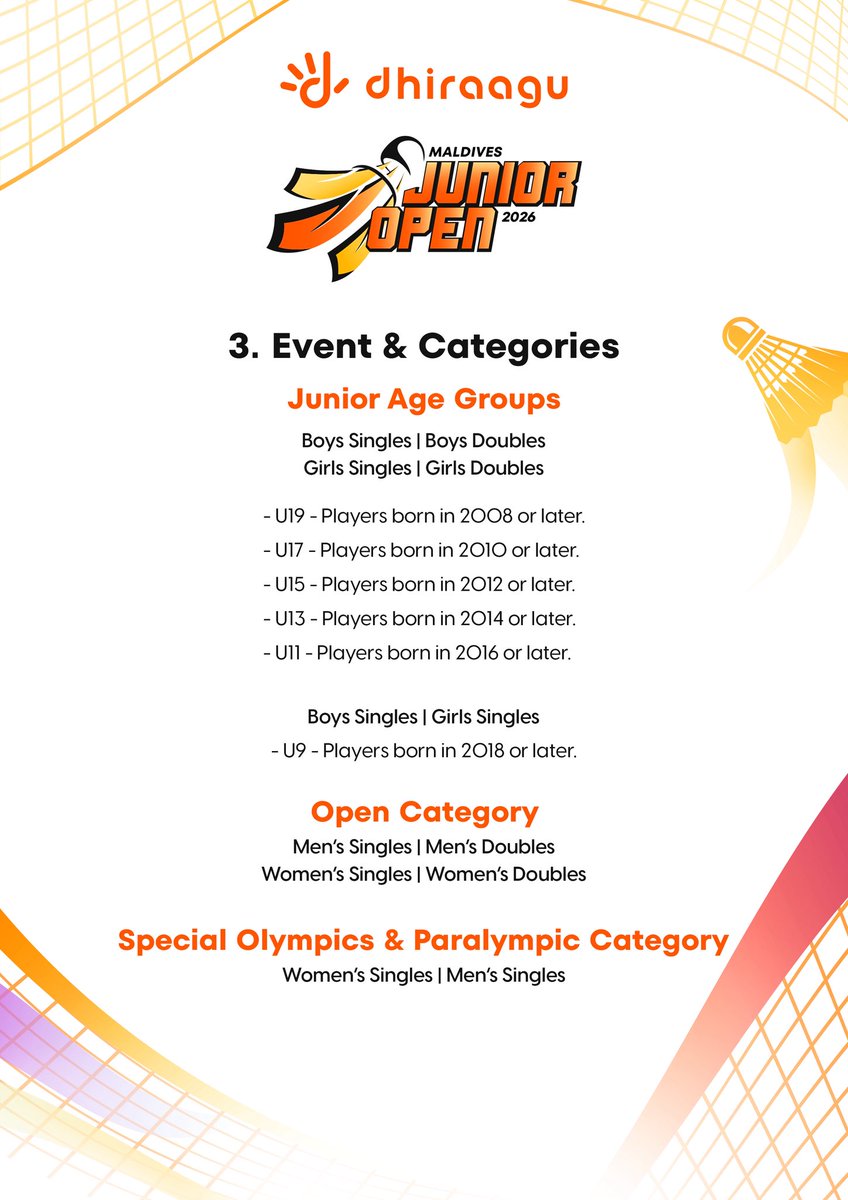 BadmintonClubMV's tweet photo. Tournament Prospectus for Maldivian Participants for the @Dhiraagu Maldives Junior Open 2025 is Out Now!

We look forward to great participation from across the Maldives, just like last year.

In partnership with @badmintonmaldives @MoYSF_mv &amp; @mibmv 
🏸🇲🇻 https://t.co/1s9e7lfXIf