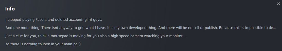 vano_cs's tweet photo. So both of the cheaters deleted their faceit accounts, and fully avoided their punishment.

As far as I understand, they were just testing their own product, their own self developed cheat.

This is what one of them wrote on their steam profile. https://t.co/Jg3XTepuAT