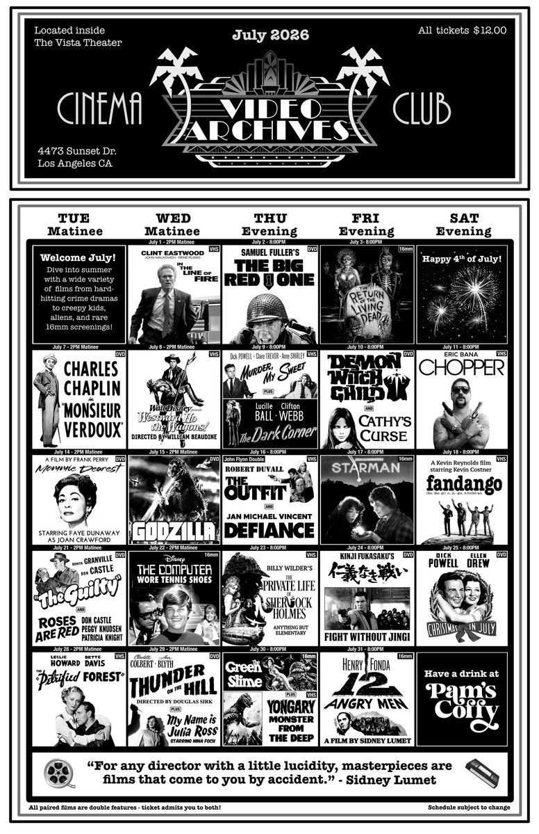 ArchivesClub's tweet photo. Our full calendar for July 2026! Tickets for all shows are available now via the @vistahollywood website on in-person at the box office! We will have a standby line at the theater on the day of each show. https://t.co/KNFS8hdTO2