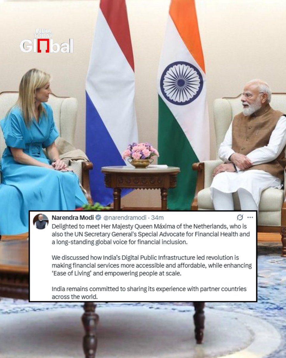 ITGGlobal's tweet photo. PM Narendra Modi met Queen Máxima of the Netherlands, who also serves as the UN Secretary-General's Special Advocate for Financial Health.
#PMModi #QueenMaxima #FinancialInclusion #DPI #IndiaTodayGlobal https://t.co/PrWv8QjcbH