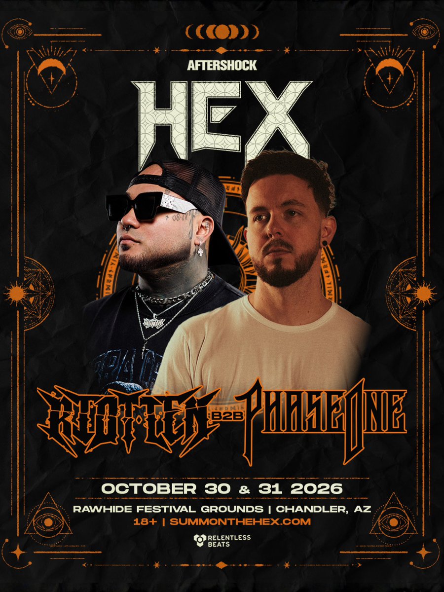 HEXFestAZ's tweet photo. ON SALE NOW: The ritual is complete… ⚔️  Riot Ten b2b PhaseOne have been summoned to HEX, bringing one of the heaviest B2Bs of the year to Rawhide this Halloween 🔥

Get your tickets now before they disappear → https://t.co/wu1eIXNLzY 🎟️ https://t.co/dGuvWHVqRx