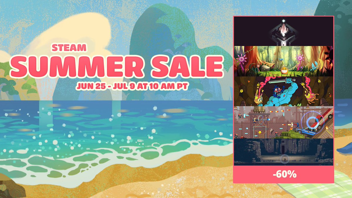 CAPYGAMES's tweet photo. What’s more perfect than a sunny day on the beach? … Adding the Steam Summer Sale to it, that’s what! 

All CAPY games are 60% off until July 9th, so bring us along your summer adventures and bask in all the deals and sunshine these next few weeks! ☀ https://t.co/nahJgiW1YV