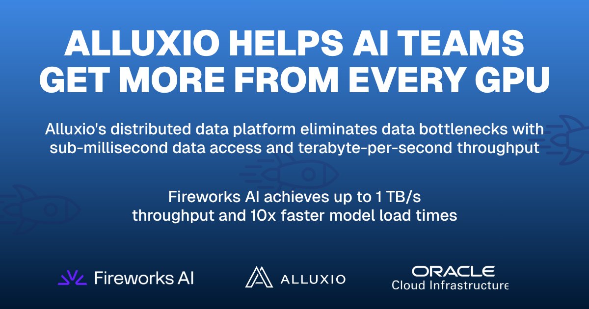 Alluxio's tweet photo. Large-scale inference depends on getting models to GPU clusters fast. 

Fireworks AI (@FireworksAI_HQ) serves 2PB+ daily;  with Alluxio, replica downloads went from 20 min to 2 min and throughput reached 1 TB/s. 

📌 https://t.co/6IJ3G7bSJw

 #AIInfra #GPU https://t.co/94SbERPpQt