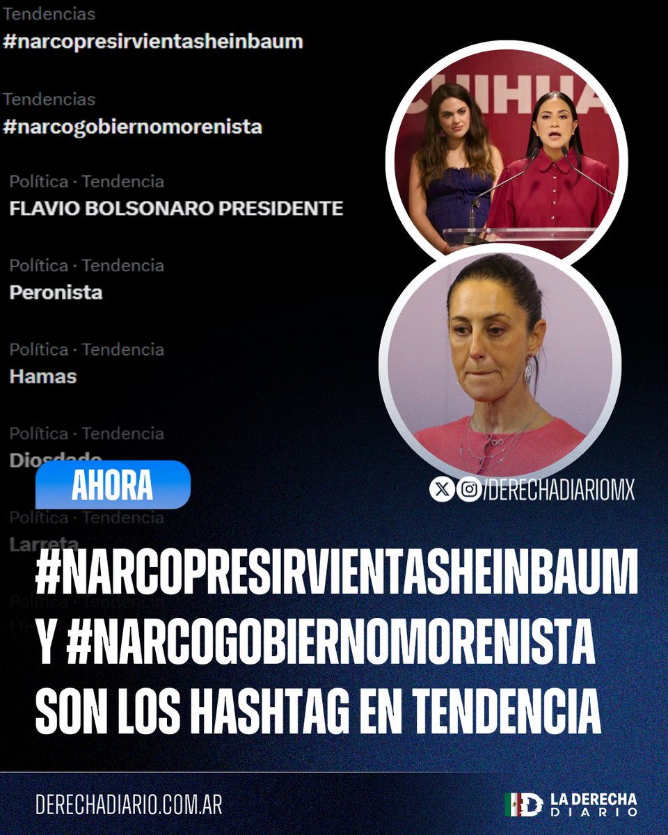DerechaDiarioMX's tweet photo. 🚨🇲🇽 | #AHORA LAS REDES HABLAN: Los hashtags #narcopresirvientasheinbaum y #narcogobiernomorenista son tendencia en este momento en la red social 𝕏. https://t.co/sMRuqcJjJ0
