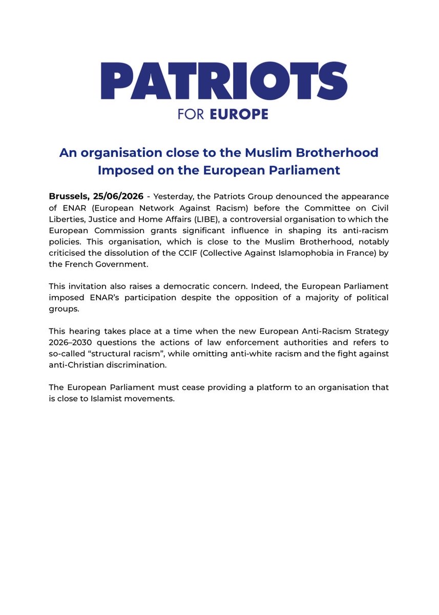 PatriotsEP's tweet photo. 🚨 | The European Parliament just handed a microphone to an organisation close to the Muslim Brotherhood.

Imposed against the will of most MEPs. Funded to lecture you on "racism" while ignoring anti-Christian discrimination. https://t.co/sKept29zBr