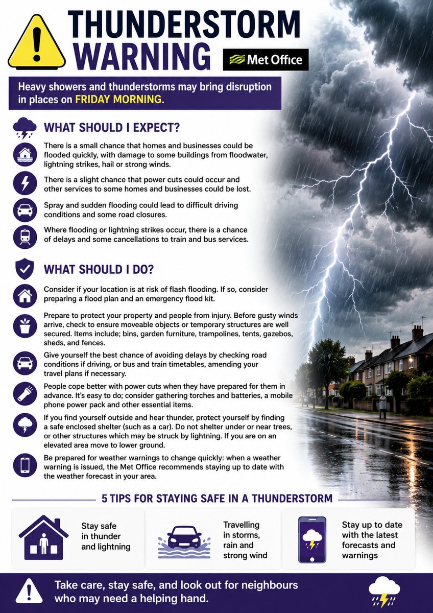 WemRuralParishC's tweet photo. ⚠️ THUNDERSTORM WARNING ⚠️

The Met Office has issued a warning for heavy showers and thunderstorms on Friday morning.

Please take care:
🚗 Check travel before you set off
🔦 Be prepared for possible power cuts
🌳 Avoid sheltering under trees during lightning https://t.co/9b372c1i9c
