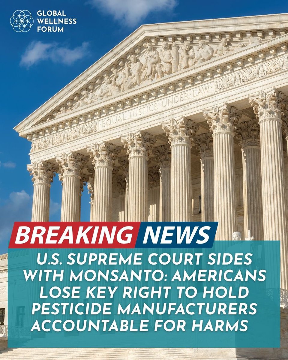 G_W_Forum's tweet photo. BREAKING NEWS: SCOTUS just created a dangerous pathway for the continued poisoning of the American people—with fewer consequences for the corporations selling the chemicals.

In Durnell v. Monsanto, the Supreme Court ruled that federal pesticide law can block certain state failure-to-warn lawsuits when the EPA has approved the label. This means if the EPA does not require a warning label on these pesticide products, harmed consumers may have a much harder time holding pesticide manufacturers accountable in state court, even when they believe they were never properly warned about serious health risks.

This is major blow to transparency, accountability, and the right of Americans to seek justice when they allege harm from chemical exposure.

The Global Wellness Forum believes the people have a right to know what is in their environment, what is being sprayed on their food, and what risks they are being asked to carry.

Corporations should be making safer products, not fighting to eliminate the public’s ability to hold them accountable in court.

We will continue standing for truth, transparency, health freedom, and accountability. 

#Monsanto #SCOTUS #Roundup #Pesticides