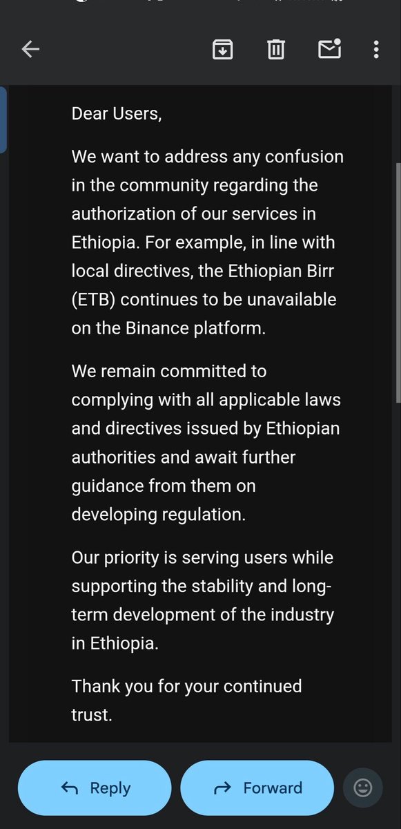 FanosMarkets's tweet photo. Binance had been forced to send another email saying they won’t be returning their P2P to Ethiopia any time soon.

They are saying same thing over and over and the only new thing is, you can now access https://t.co/KRIG5LOHCN with ethio telecom network directly. https://t.co/4aEgRH7Yyk