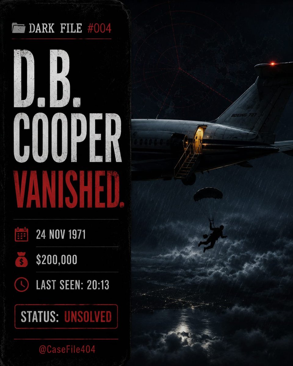 CaseFile404's tweet photo. He ordered a bourbon, slipped a note: "I have a bomb."

Got $200k and 4 parachutes. Freed passengers, kept crew.

Over Washington, he opened the rear stairs and jumped into darkness.

50 years of searching — a tie clip, some cash. No body.

He didn't die. He disappeared. https://t.co/dgrbkWs0Pl