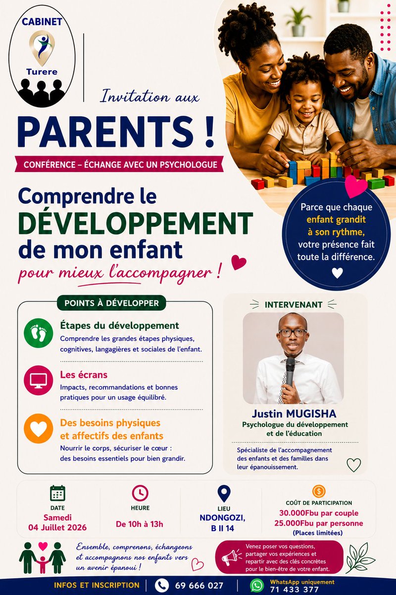 PsicologueJust1's tweet photo. Chers parents,

Le Cabinet Turere vous invite à une conférence d’échange sur le thème : « Comprendre le développement de mon enfant pour mieux l’accompagner ».
#Abatwip #AbaX #AbaRwot #Psychologie #Education #Enfance #Adolescence #Developpement #Burundi #Africa https://t.co/32QekKUfEA
