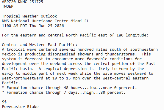 NHC_Pacific's tweet photo. 6/25 11a PDT:  NHC is monitoring a tropical wave south of Mexico which is likely to become a tropical depression during the early to middle part of next week.  More info: https://t.co/Oy8uoeRKme https://t.co/m2sYk5HTUQ
