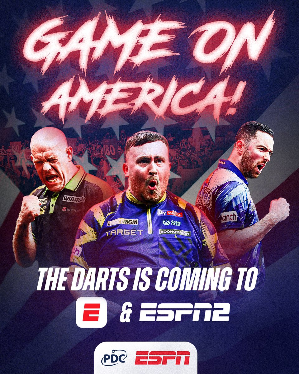 OfficialPDC's tweet photo. A new era for darts in the USA 🇺🇸🎯

The PDC is delighted to announce a landmark broadcast partnership with @espn, bringing five of the sport's biggest events to ESPN2 and ESPN+.

🗞️ https://t.co/pVwx2yjtbu https://t.co/7GQitux0Na