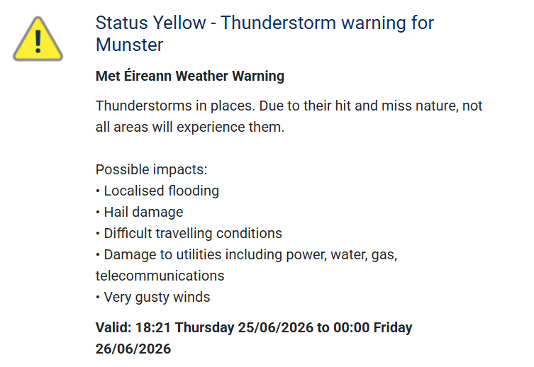 MetEireann's tweet photo. ⚠️Status Yellow - Thunderstorm warning for Munster⚠️

Thunderstorms in places. Due to their hit and miss nature, not all areas will experience them⛈️

🗓️Valid: 18:21 Thursday 25/06 to 00:00 Friday 26/06

ℹ️https://t.co/lvQFgW8DsS https://t.co/TnmyXkdgNK