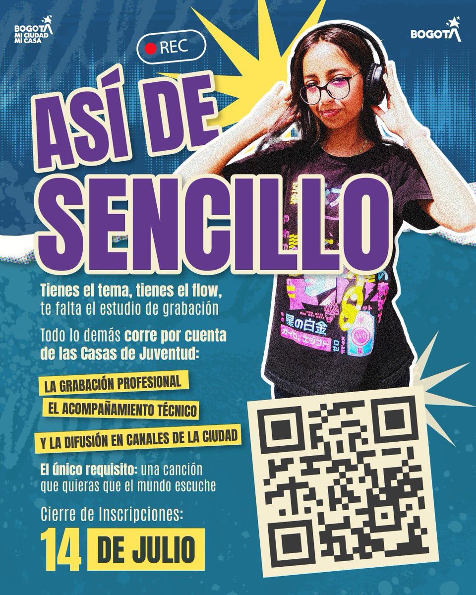 DistritoJoven_'s tweet photo. 🎙️¿Tienes una canción que el mundo todavía no ha escuchado? 

Así de Sencillo es la convocatoria de #CasasdeJuventud para que artistas y agrupaciones juveniles de Bogotá graben su sencillo de forma profesional, totalmente gratis 🤩

⏳Inscripciones abiertas hasta el 14 de julio https://t.co/c4DwyN9R30