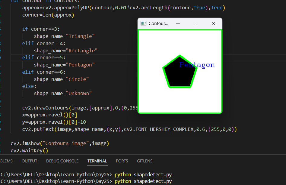 kalyaaan_d's tweet photo. #LSPPDay25
Today, I learned contour detection &shape analysis in OpenCV. I explored finding & drawing contours, shape detection using approxPolyDP and object recognition. I learned these concepts with coding practice too.
#60DaysOfLearning2026 #LearningWithLeapfrog
@lftechnology https://t.co/AC6XRaE1gT