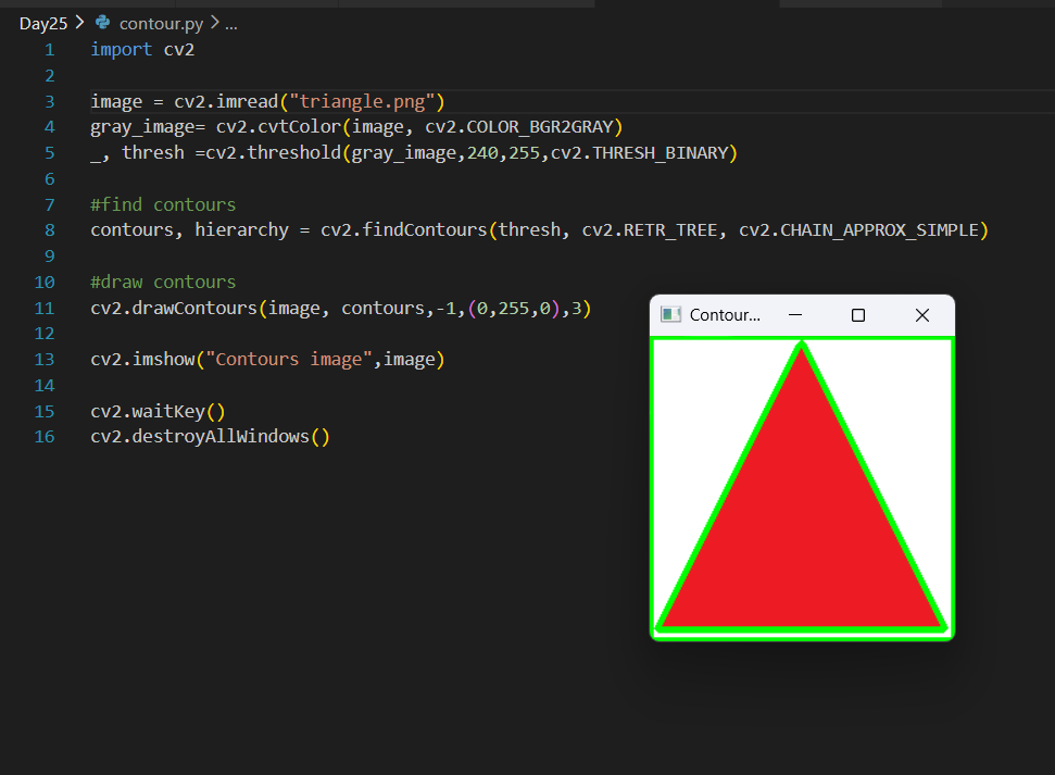 kalyaaan_d's tweet photo. #LSPPDay25
Today, I learned contour detection &shape analysis in OpenCV. I explored finding & drawing contours, shape detection using approxPolyDP and object recognition. I learned these concepts with coding practice too.
#60DaysOfLearning2026 #LearningWithLeapfrog
@lftechnology https://t.co/AC6XRaE1gT