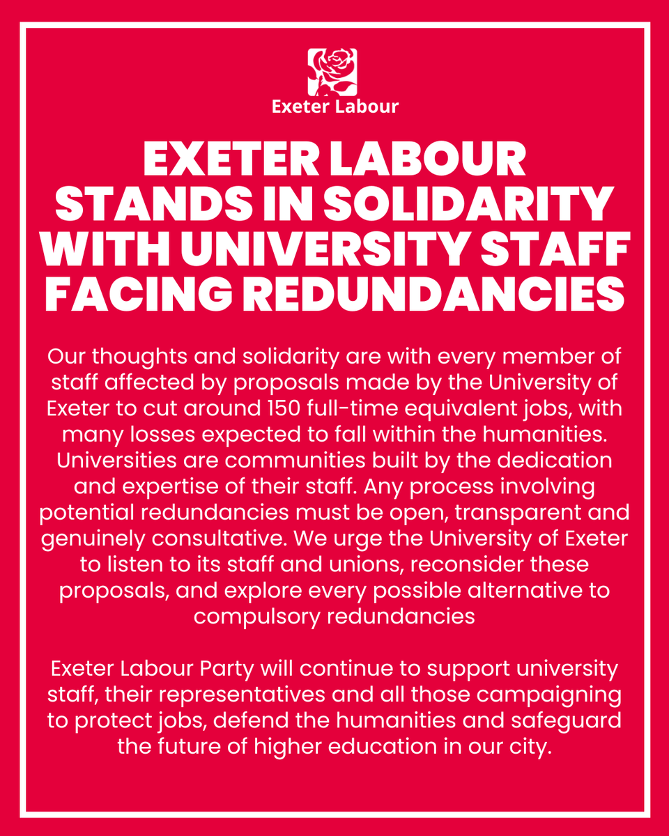 exeterlabour's tweet photo. Our statement on proposed staffing cuts at the University of Exeter. https://t.co/9sL3tqamuk