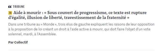 Timour_gv's tweet photo. Aide à mourir: 3 élus de gauche d'obédience chrétienne aurait-il fallu écrire. Faites un effort @lemondefr  
La question n'est pas si l'aide à mourir doit être permise en France (c'est oui) mais comment poser le cadre législatif autour de celui-ci. https://t.co/BhtWXi5JSJ
