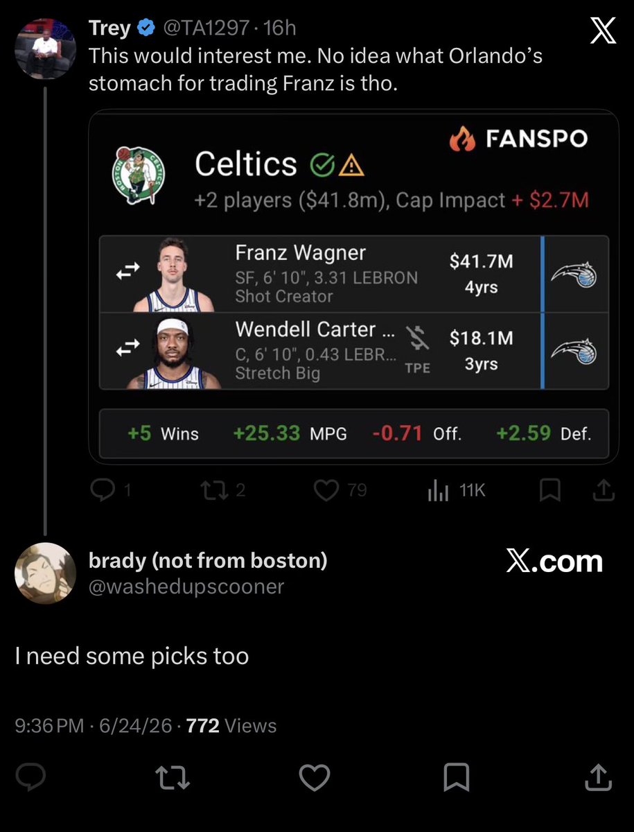 NickJK070's tweet photo. Ah yes because teams love to trade their good players for bad players and then make it worse by adding valuable assets on top! Surely this is something that will happen! https://t.co/PedSxyxbnF