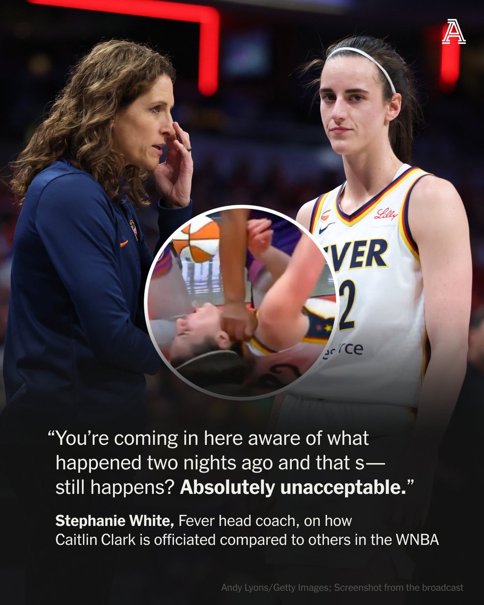 TheAthletic's tweet photo. Hours after Caitlin Clark exited Wednesday night’s game with a back injury, Indiana Fever head coach Stephanie White blasted the officials for what she called “two cheap shots” on her star guard that went uncalled. https://t.co/AD9DtAbPTI