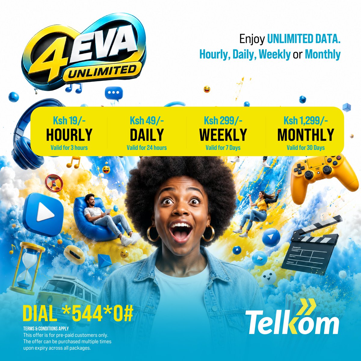 TelkomKenya's tweet photo. UNLIMITED internet finally got flexible!

Whether you’ve got:

💙 Ksh 19 ⏰ Hourly Unlimited
💙 Ksh 49 📅 Daily Unlimited
💙 Ksh 299 🗓️ Weekly Unlimited
💙 Ksh 1,299 📆 Monthly Unlimited

No matter your budget, there's a #4EVAunlimited option for you!

Dial *544*0# today. https://t.co/tKJMSNpsYk