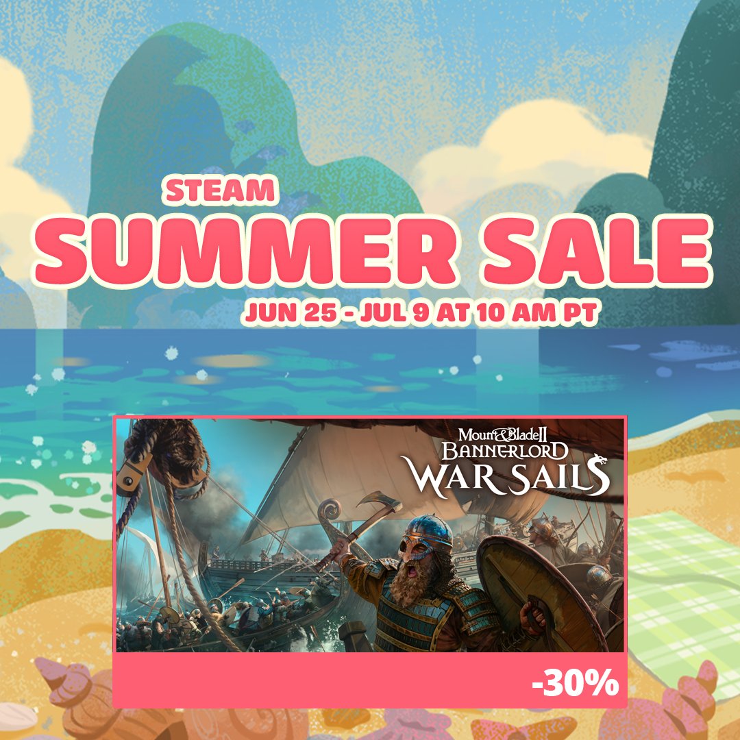 Mount_and_Blade's tweet photo. Raise your banner. Set your sails. The Steam Summer Sale is here! ⚔️

🔸Mount & Blade II: Bannerlord - War Sails | 30% OFF
🔸Mount & Blade II: Bannerlord | 60% OFF
🔸Legacy Titles | 75% OFF

🔗 Begin your journey in Calradia: https://t.co/fesdD39I49

#mountandblade #bannerlord #warsails