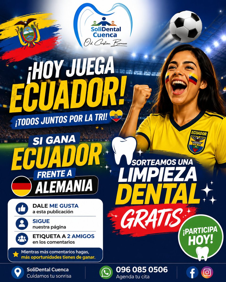 solidental72762's tweet photo. 🇪🇨⚽ ¡HOY JUEGA ECUADOR!
Si Ecuador le gana a Alemania, sortearemos una LIMPIEZA DENTAL PROFESIONAL entre todas las personas que:
✅ Den like a esta publicación ✅ Sigan nuestra página ✅ Etiqueten a 2 amigos
🦷 Mientras más comentarios hagas, más oportunidades tendrás de ganar. https://t.co/sMb9DC0yxQ