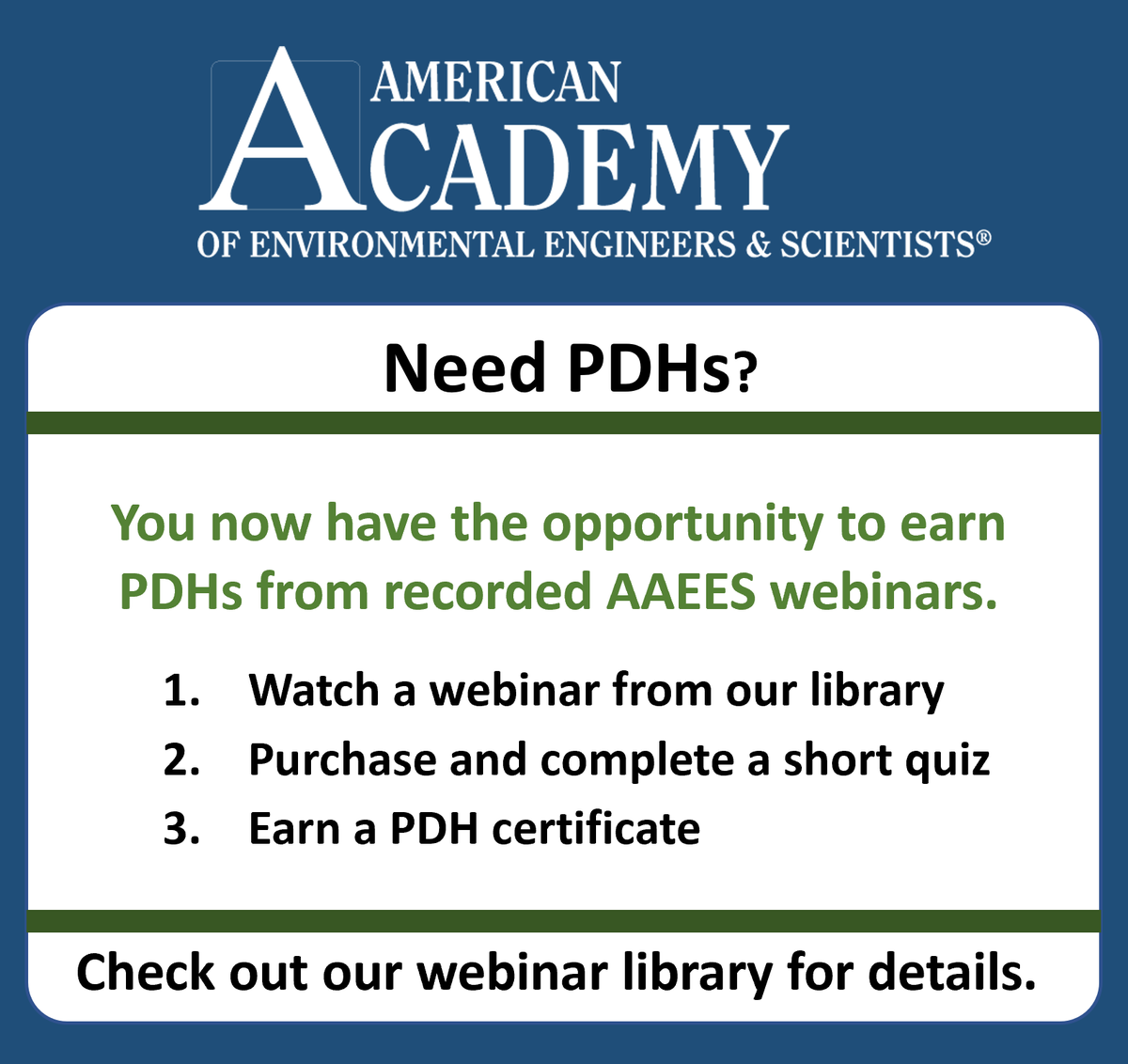 AAEESdotORG's tweet photo. Earn PDHs on Your Schedule!
Missed an AAEES webinar? No problem. You can now watch recorded webinars at your convenience and complete a short quiz to earn Professional Development Hours (PDHs).

https://t.co/PYVRSwa2DU https://t.co/FYDx65sgTd