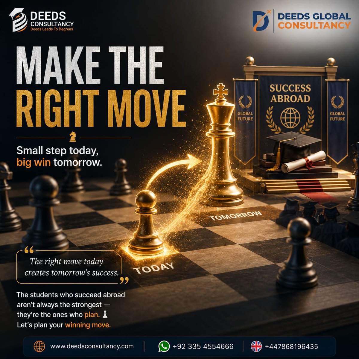 deedsconsult's tweet photo. Make the Right Move
Small actions today create life-changing opportunities tomorrow. Make your move count.

#SuccessAbroad  #FuturePlanning #OnlineDeedsAcademy #StudentSuccess #InternationalEducation #GlobalOpportunities #ApplyNow #DreamBig #EducationMatters #DeedsConsultancy https://t.co/QKmLNqvu7Q