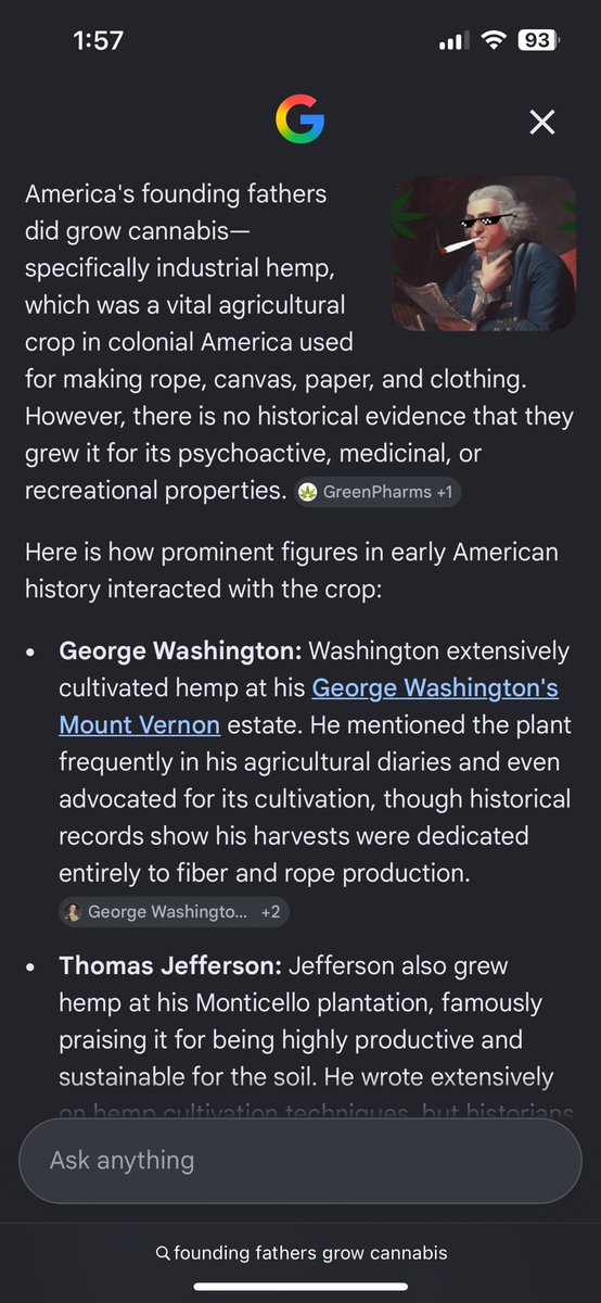 EndChild95948's tweet photo. @EchoesofWarYT Don’t forget he grew cannabis, also. While the current history states it was for the fibers, I doubt he stopped there. He was one of the men who ran up a $15k bar tab probably partook. https://t.co/Mur2dJAKas