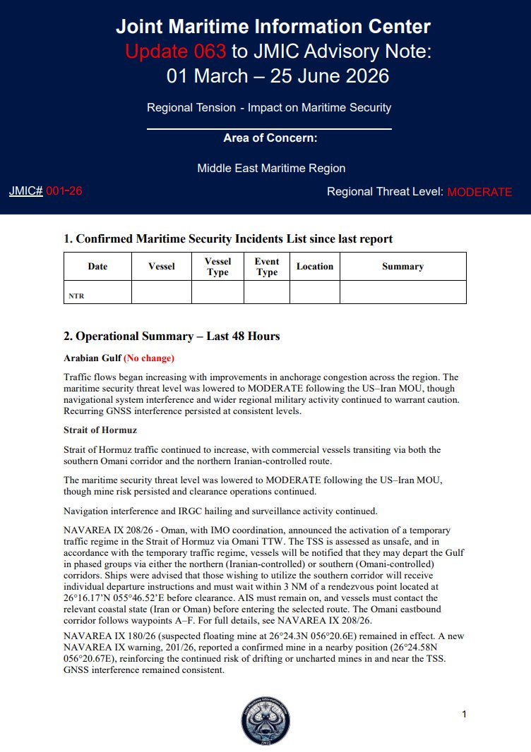 UK_MTO's tweet photo. UPDATE 063-JMIC ADISORY NOTE      

Click here to view the full advisory note⤵️ 
https://t.co/9wCDjeMdlq

 #MaritimeSecurity #MarSec https://t.co/P7sqGl8HIK