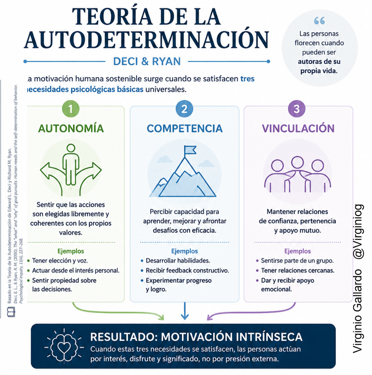 virginiog's tweet photo. AUTODETERMINACIÓN 
Deci y Ryan 

La motivación humana sostenible surge cuando se satisfacen tres necesidades psicológicas básicas  RESULTADO 
Motivación Intrínseca 
1-Compromiso 
2-Aprendizaje 
3- Creatividad 
4-Bienestar 
5-Rendimiento sostenido https://t.co/cdixi4ya8k