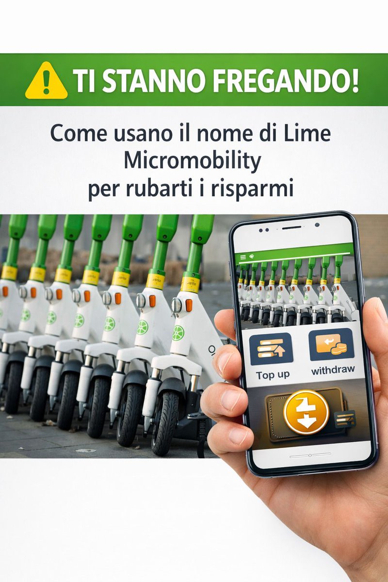 robertoteb's tweet photo. TI STANNO FREGANDO! Sfruttano il nome di Lime Micromobility per rubarti i risparmi con la finta piattaforma di investimento sui monopattini elettrici. Smascheriamo questo schema Ponzi online! 😡👇
Guarda il video: https://t.co/Vg1vvipugr
#truffa #profdeko #adv https://t.co/8obxbMSyQW